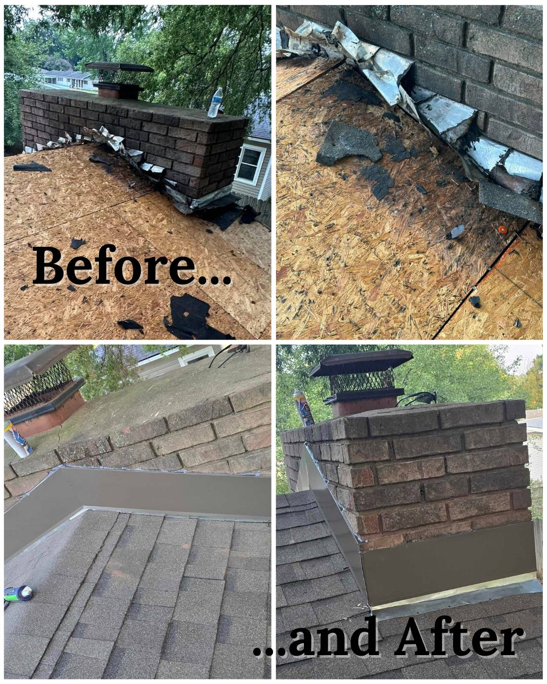 Before/After roof repair: a brick chimney and flashing on a shingled roof, showing damage and the completed fix.