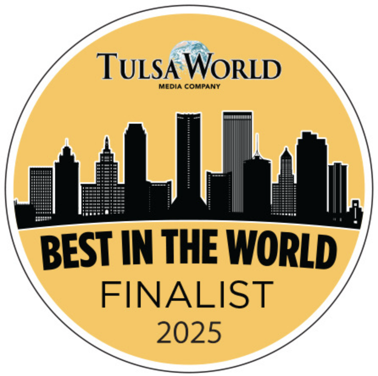 Tulsa World Media Company “Best in the World” 2025 finalist badge with city skyline