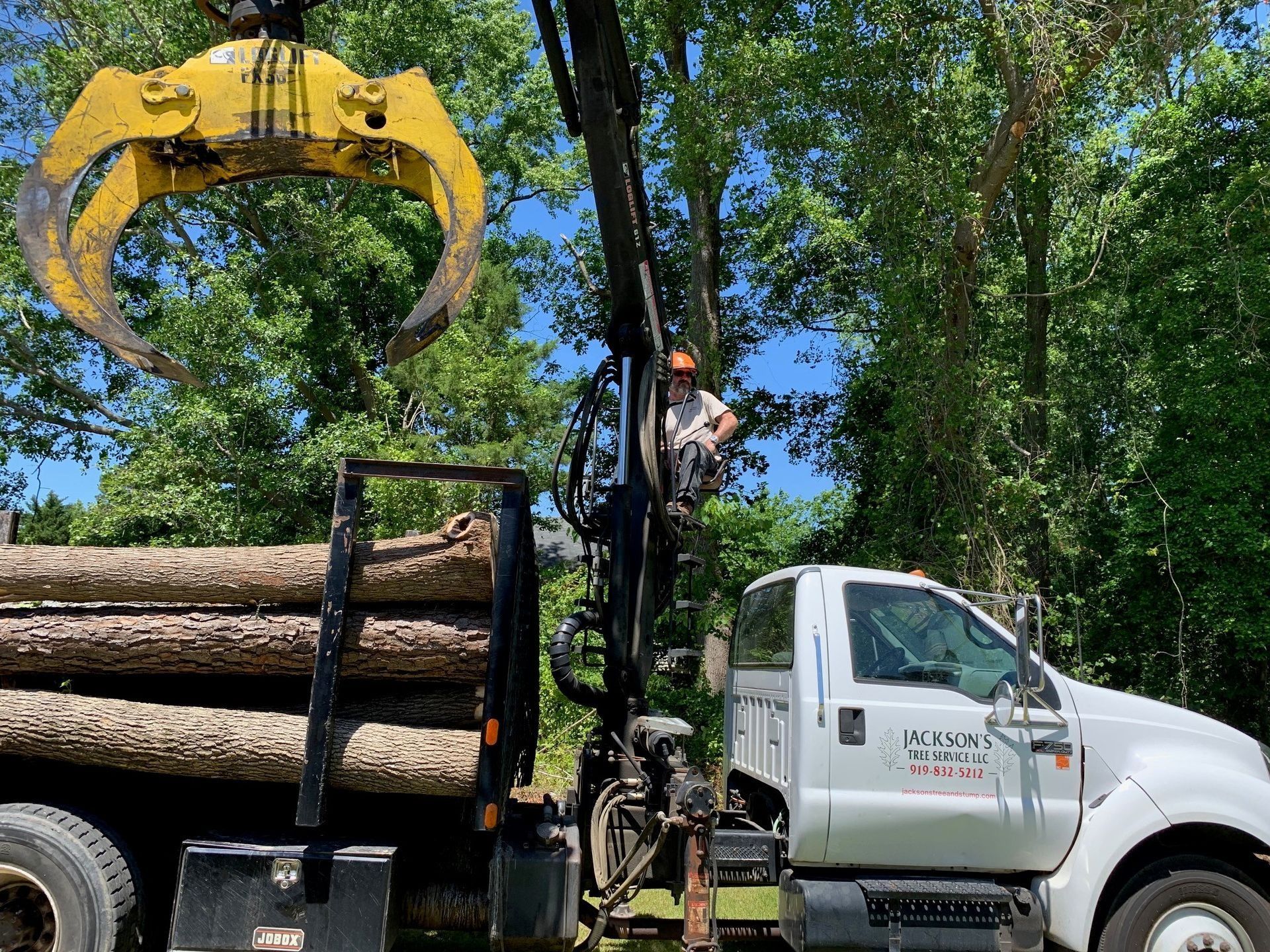Logging truck loading cut logs with a yellow grapple in a wooded area