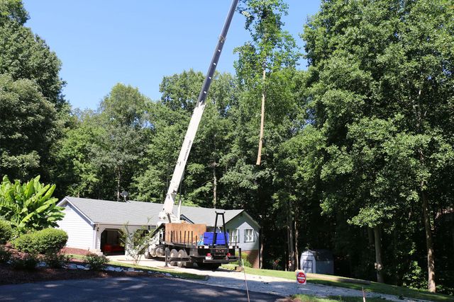 Crane lifting a beam over a house in a wooded residential yard