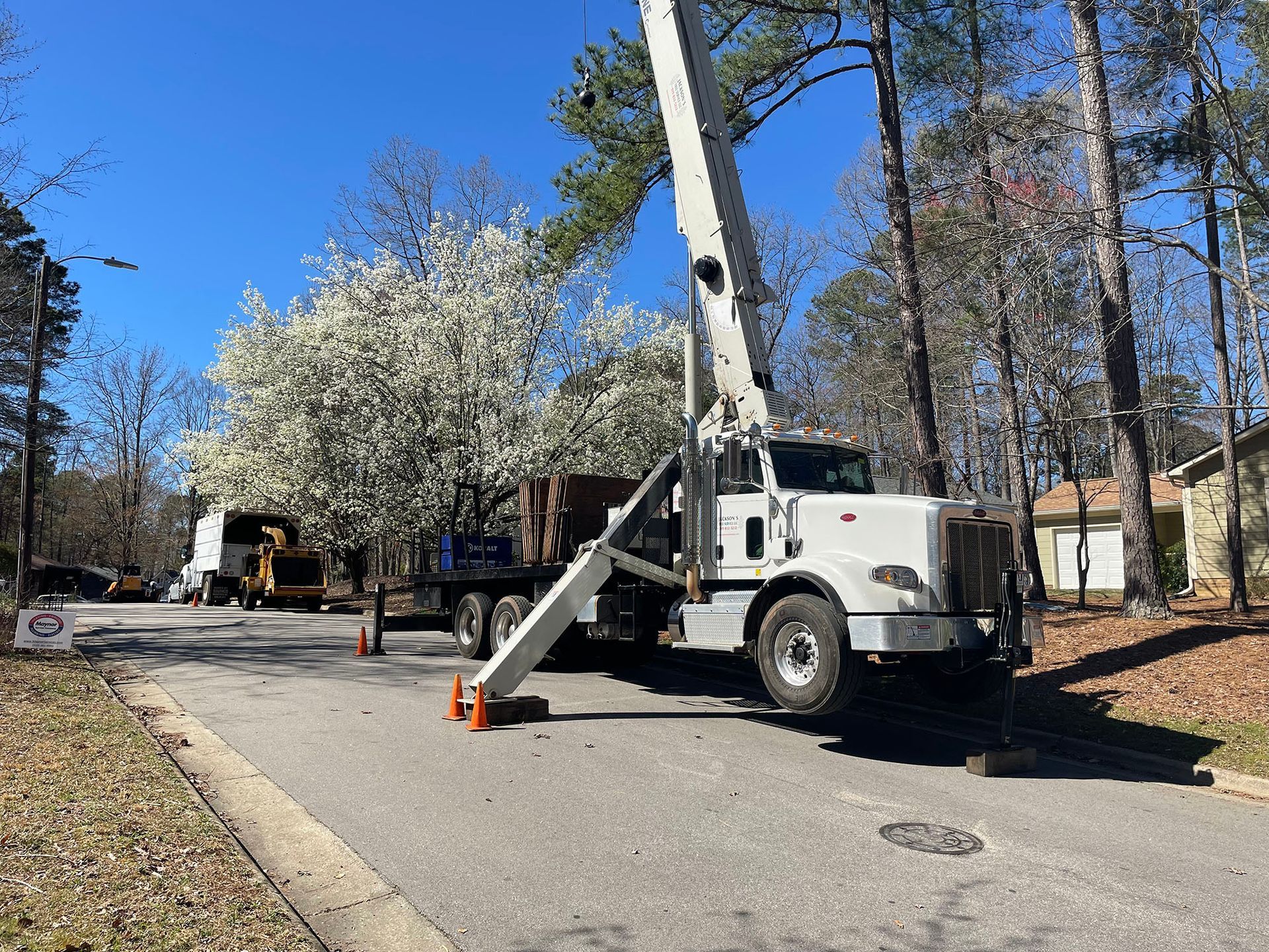 Bucket truck with extended boom on a residential street beside blooming trees and a utility pole.