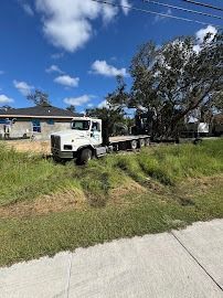 A white flatbed truck parked off the road in tall grass. A blue sky with clouds in the background.