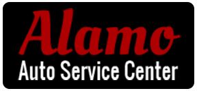 Alamo Auto Service Center logo in red and white on a black background
