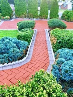 A brick walkway surrounded by trees and bushes in a garden.