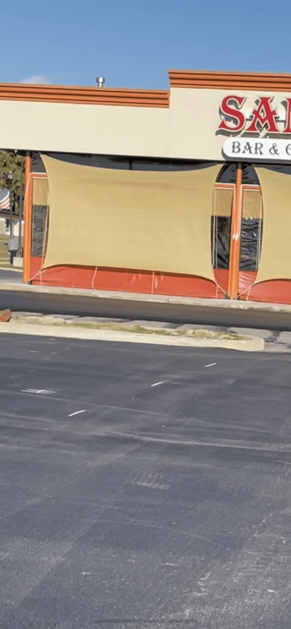 Parking lot in front of a restaurant