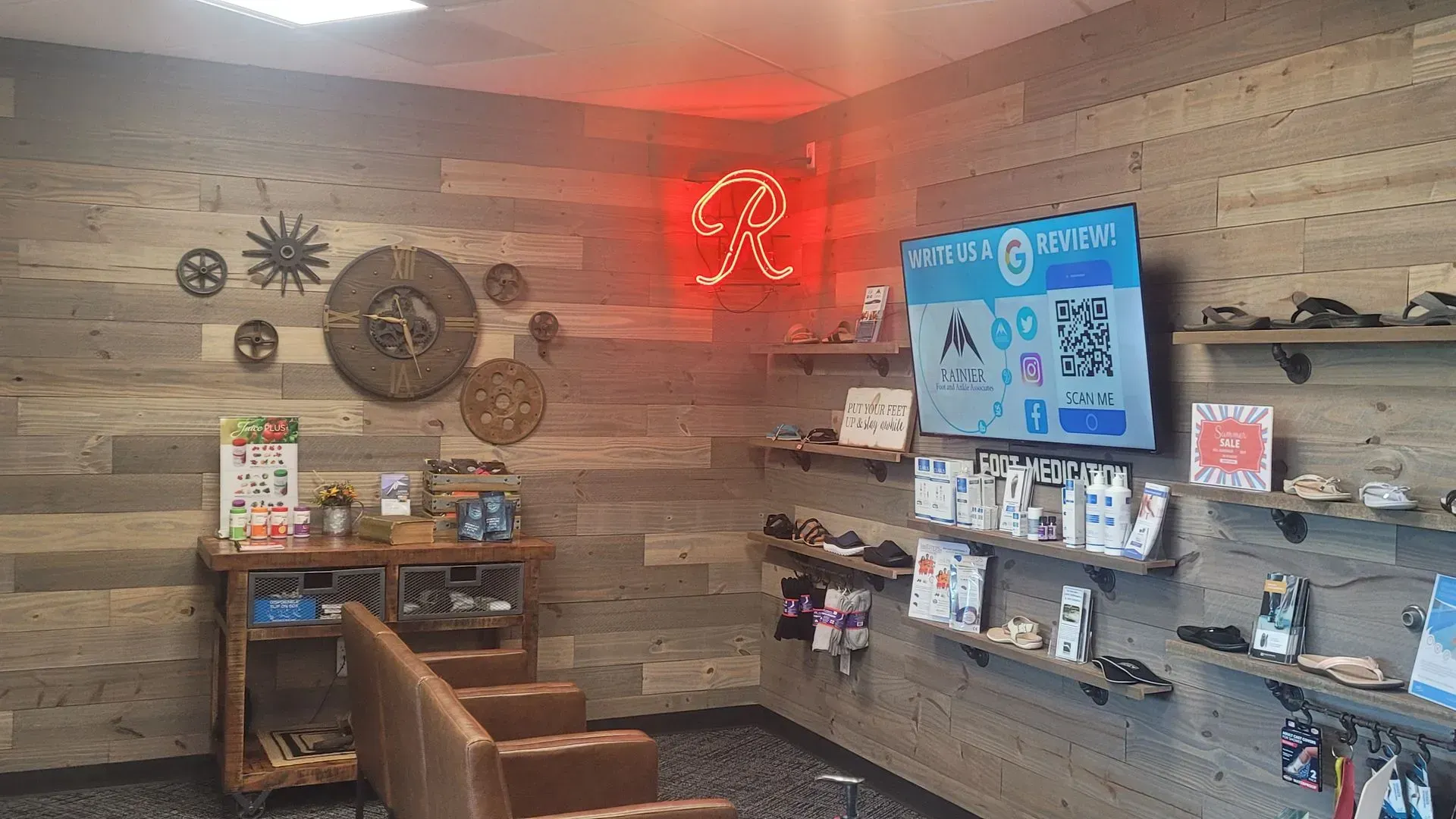 A pet store interior with wooden walls and shelves. A neon 
