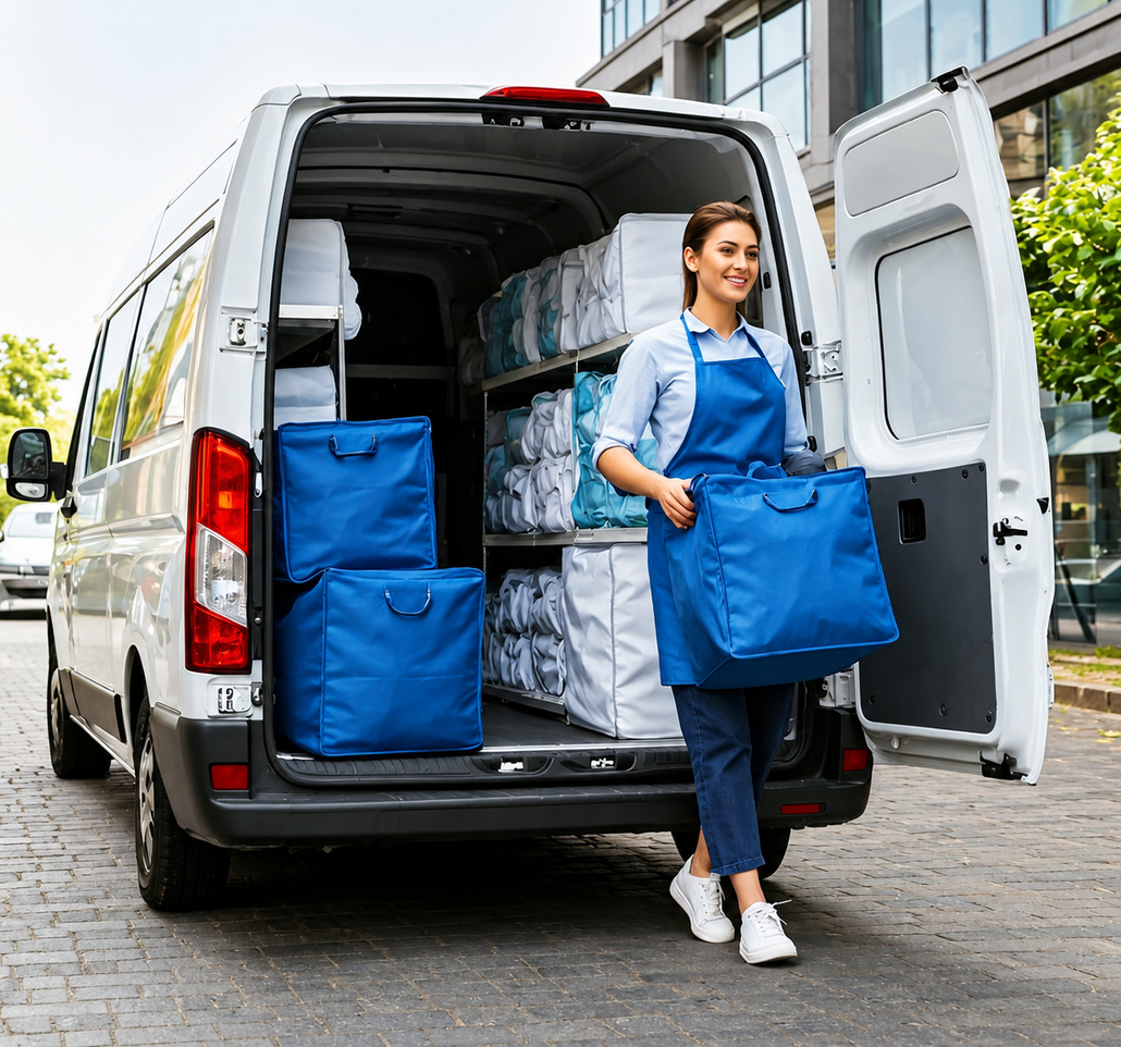 Delivery worker loading blue bags into a van beside a city street