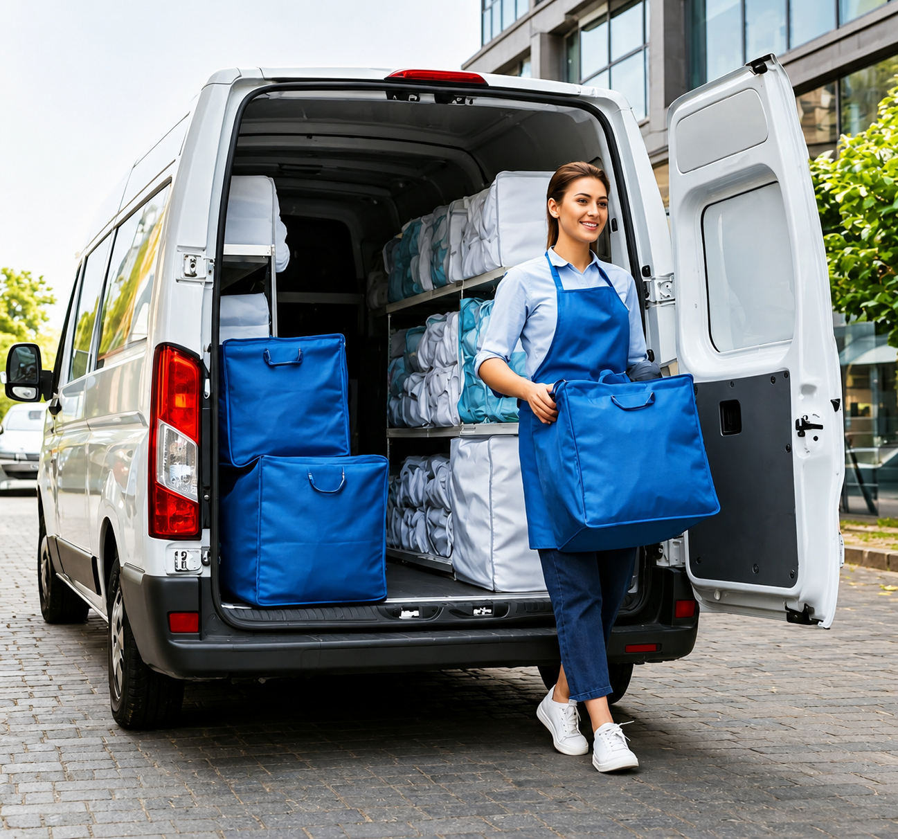 Delivery worker loading blue bags into a van beside a city street