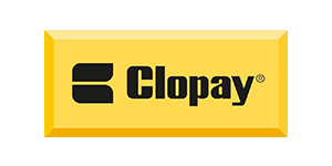 A yellow and black logo for clopay on a white background.