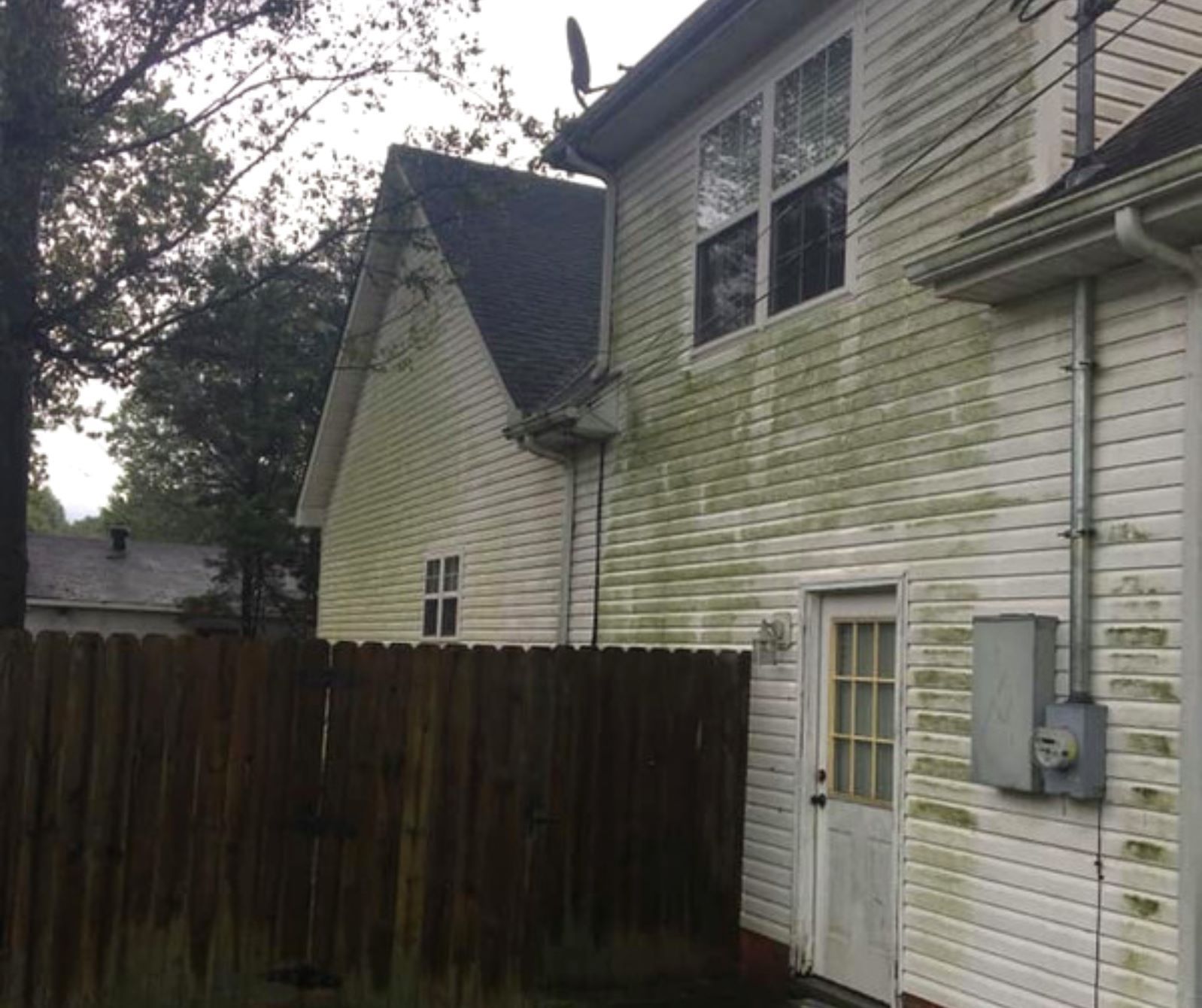 Weathered white house siding beside a tall wooden fence, with a utility meter on the wall.