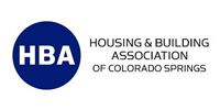 Logo for the Housing & Building Association of Colorado Springs with white text HBA inside a dark blue circle.
