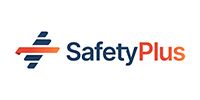 The SafetyPlus logo features a stylized orange horizontal bar intersecting three dark blue diagonal bars, with text.