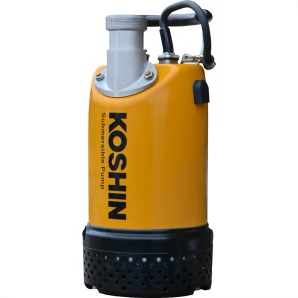 Yellow Koshin submersible pump with a black base and handle.