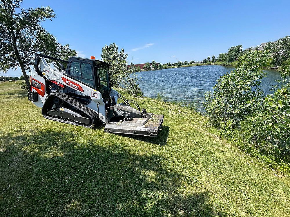 A bobcat is sitting on top of a lush green field next to a lake.