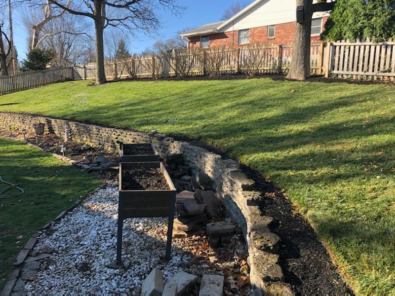 A backyard with a brick fence and a lush green lawn.