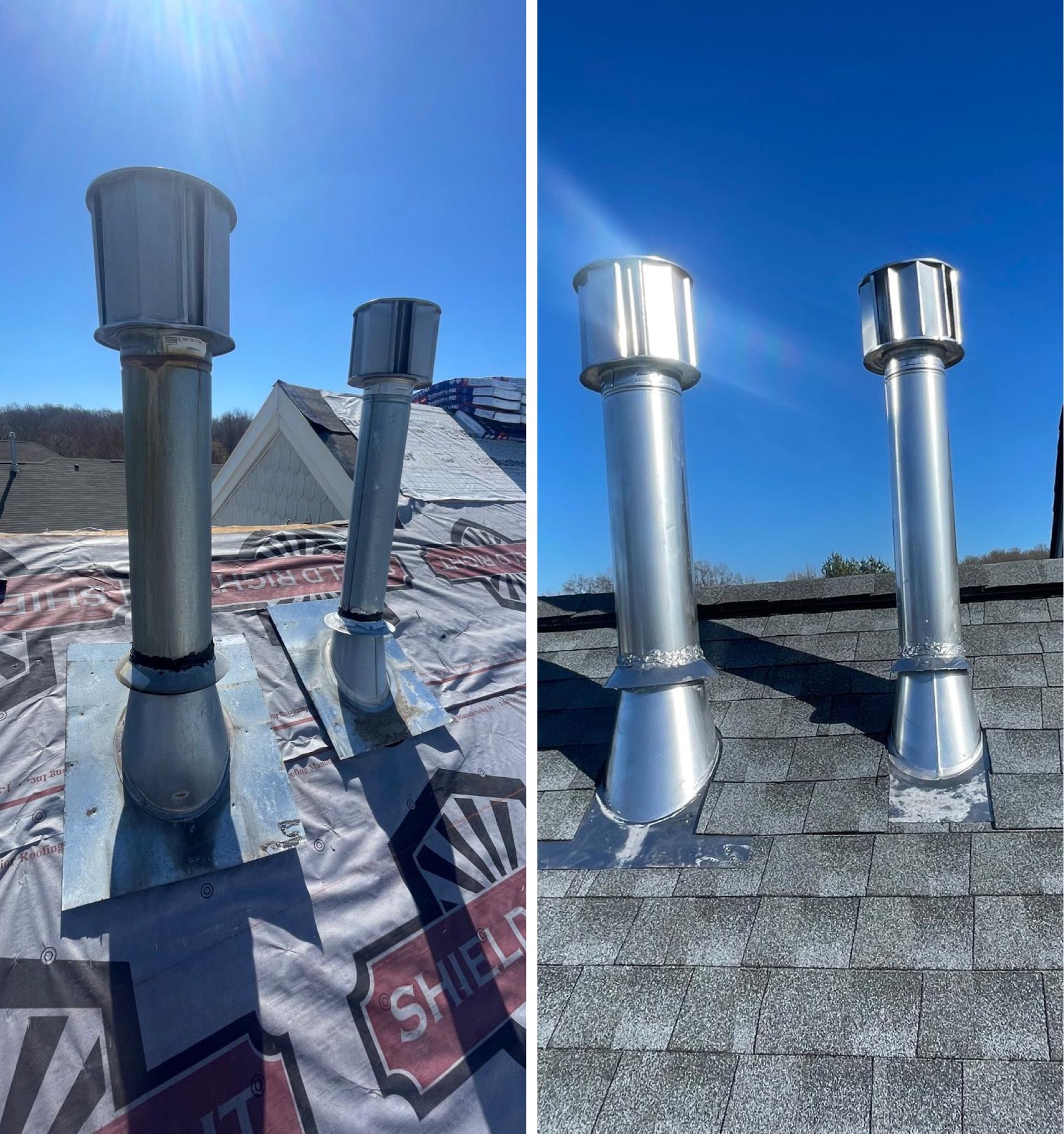 A before and after picture of a roof with chimneys