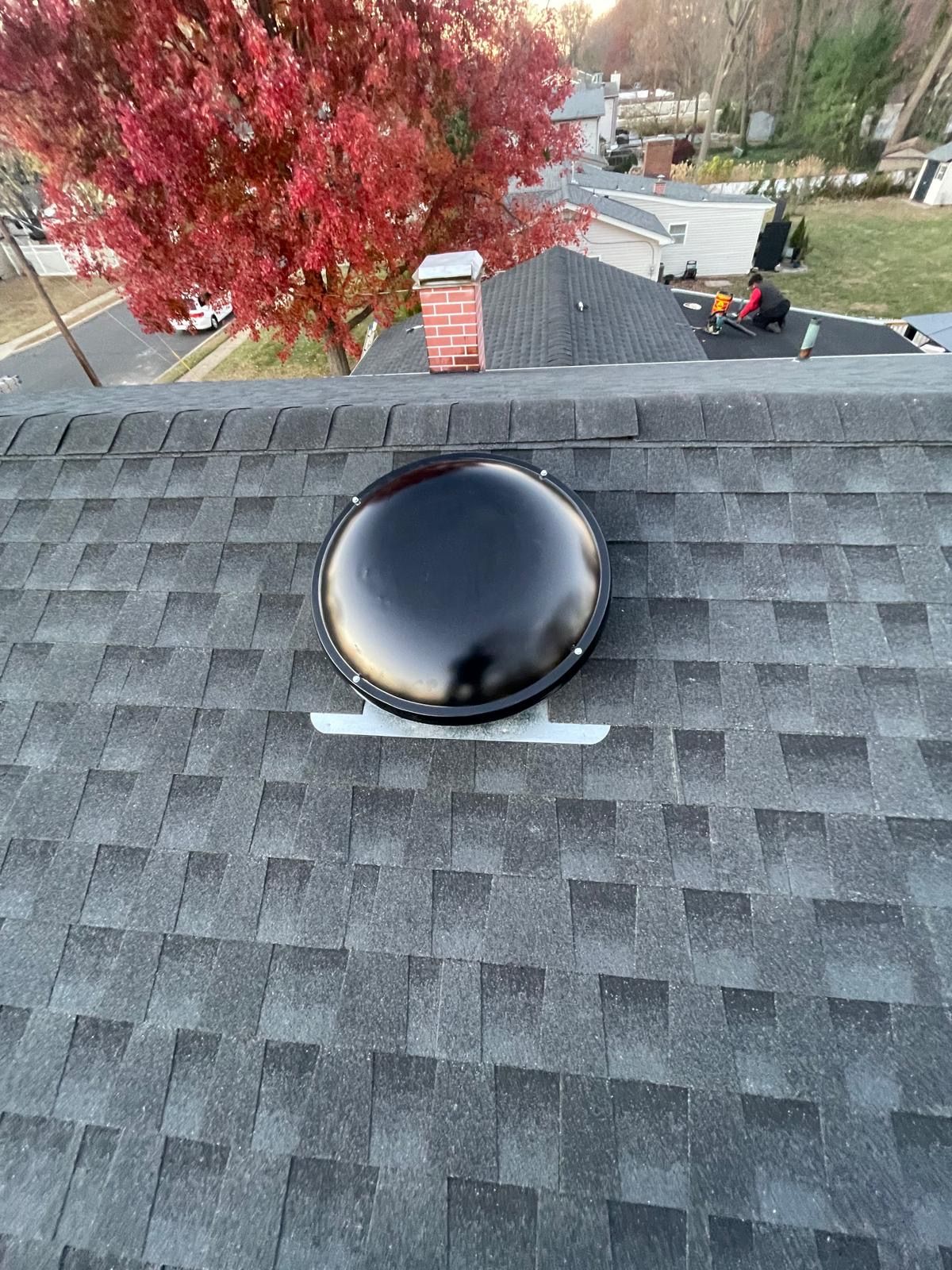 A roof with a skylight on it and a tree in the background.