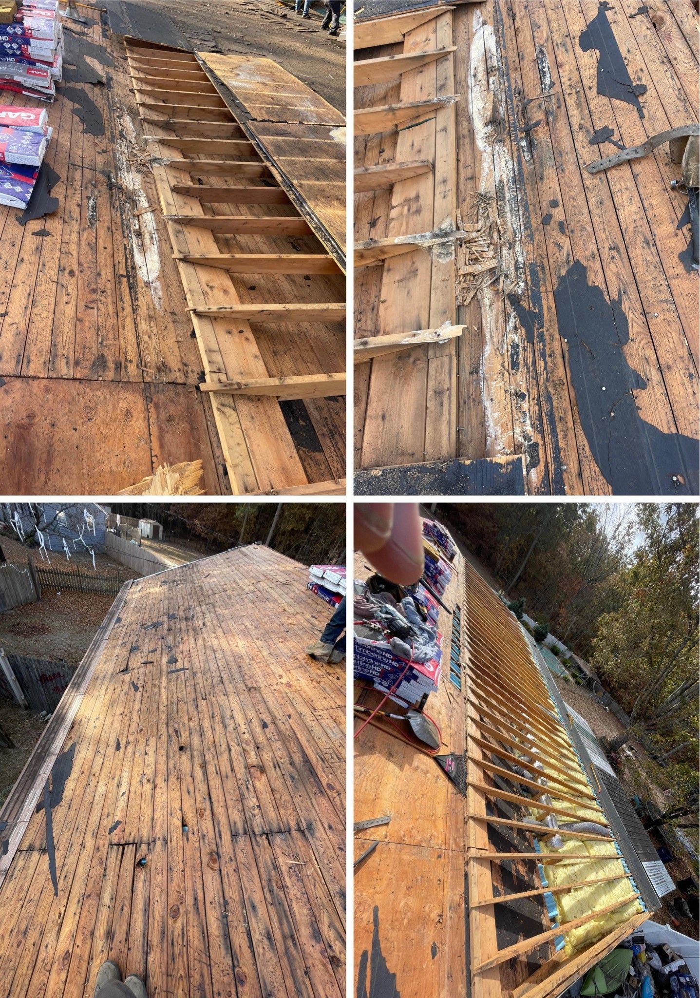 A collage of four pictures of a roof being repaired.