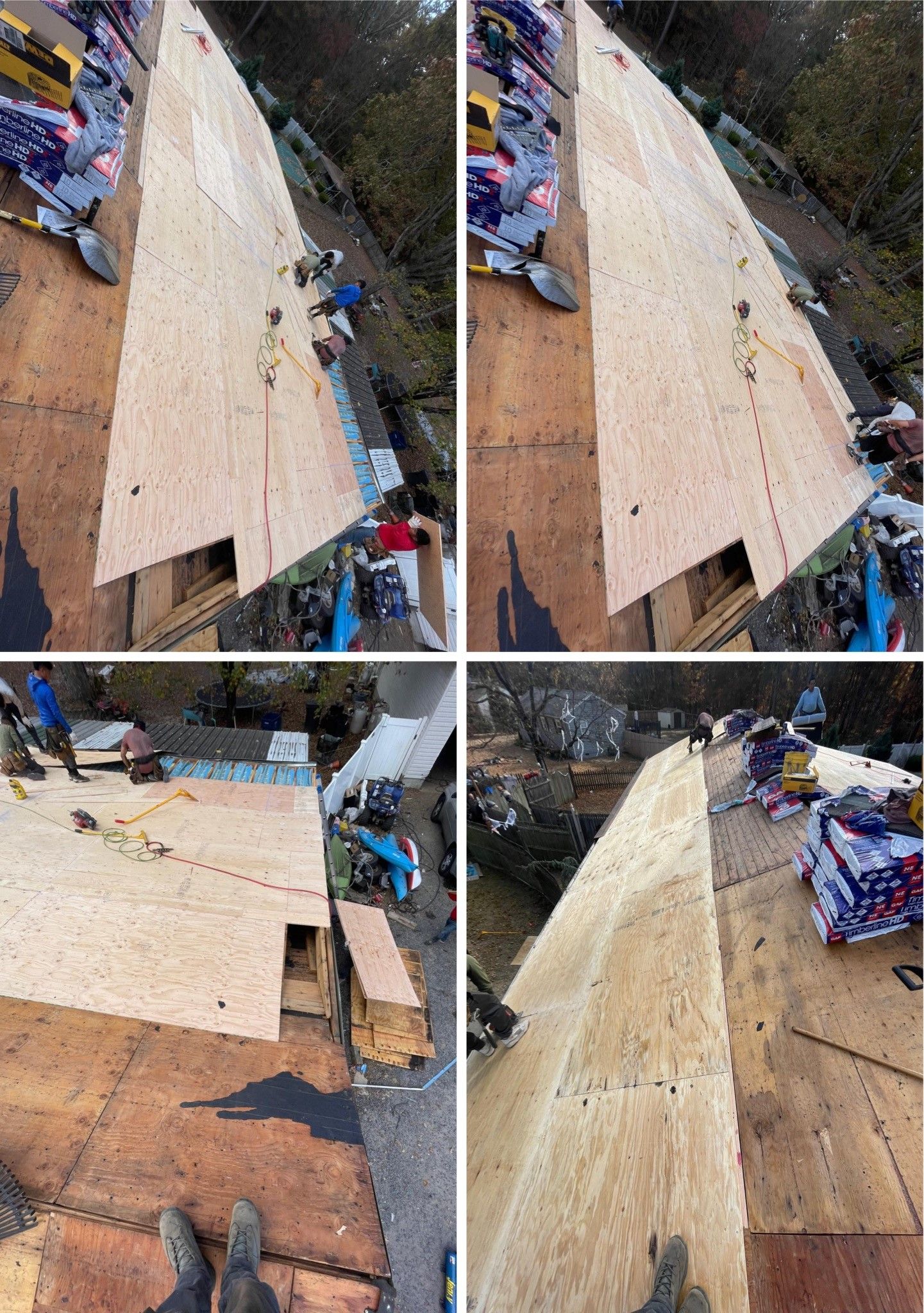 A collage of four pictures of a roof being built.
