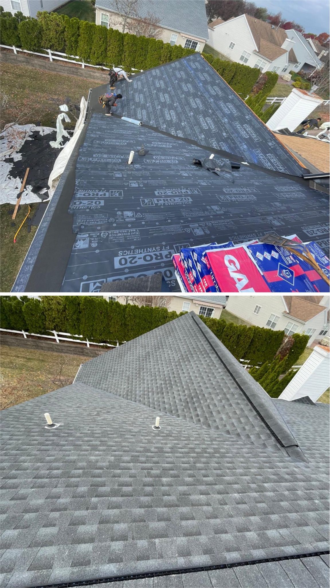 A before and after picture of a roof being installed.