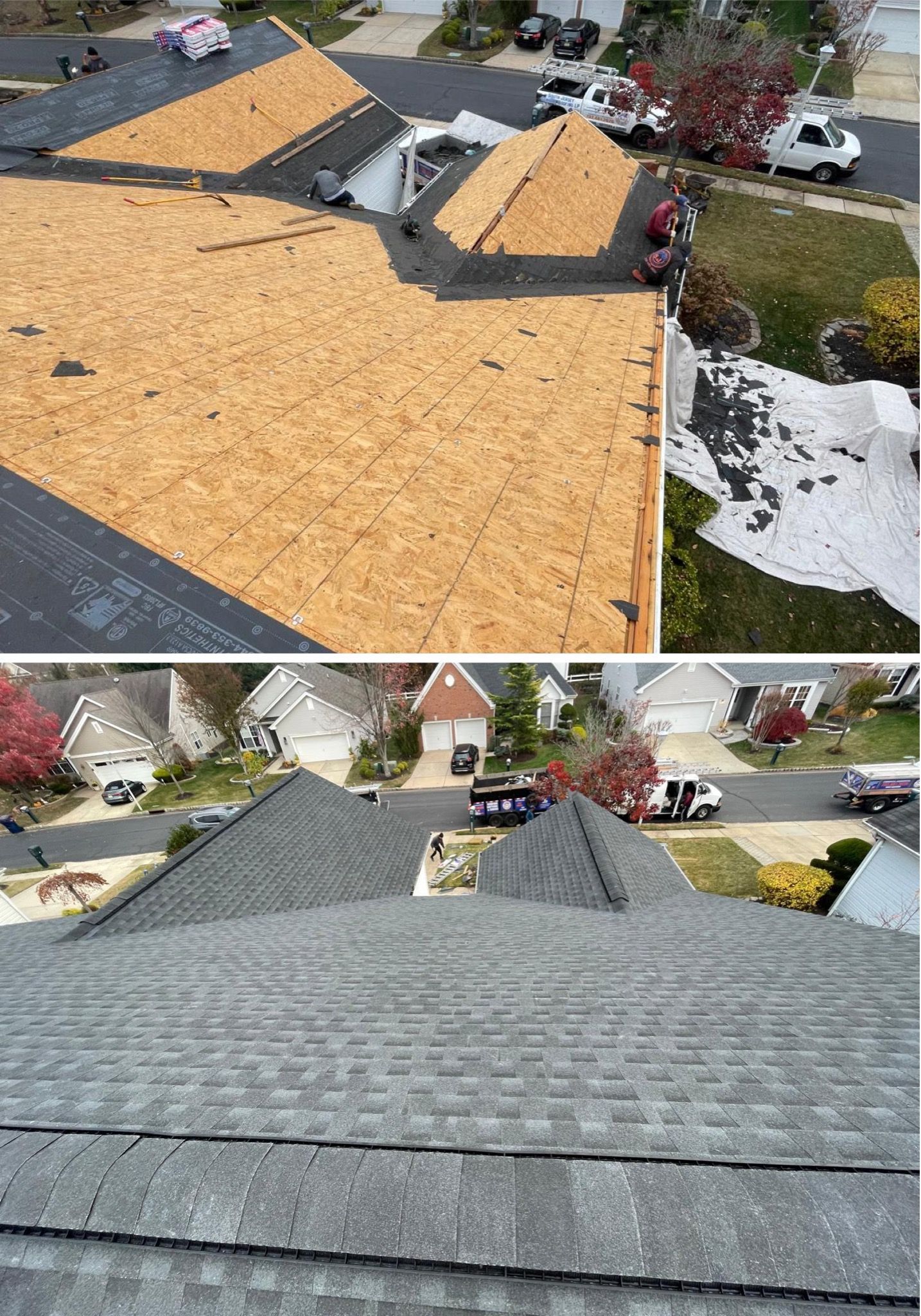 A roof is being installed on a house in a residential area.