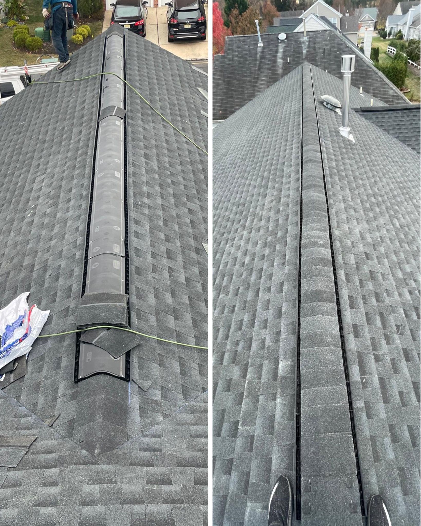 A before and after picture of a roof being repaired.