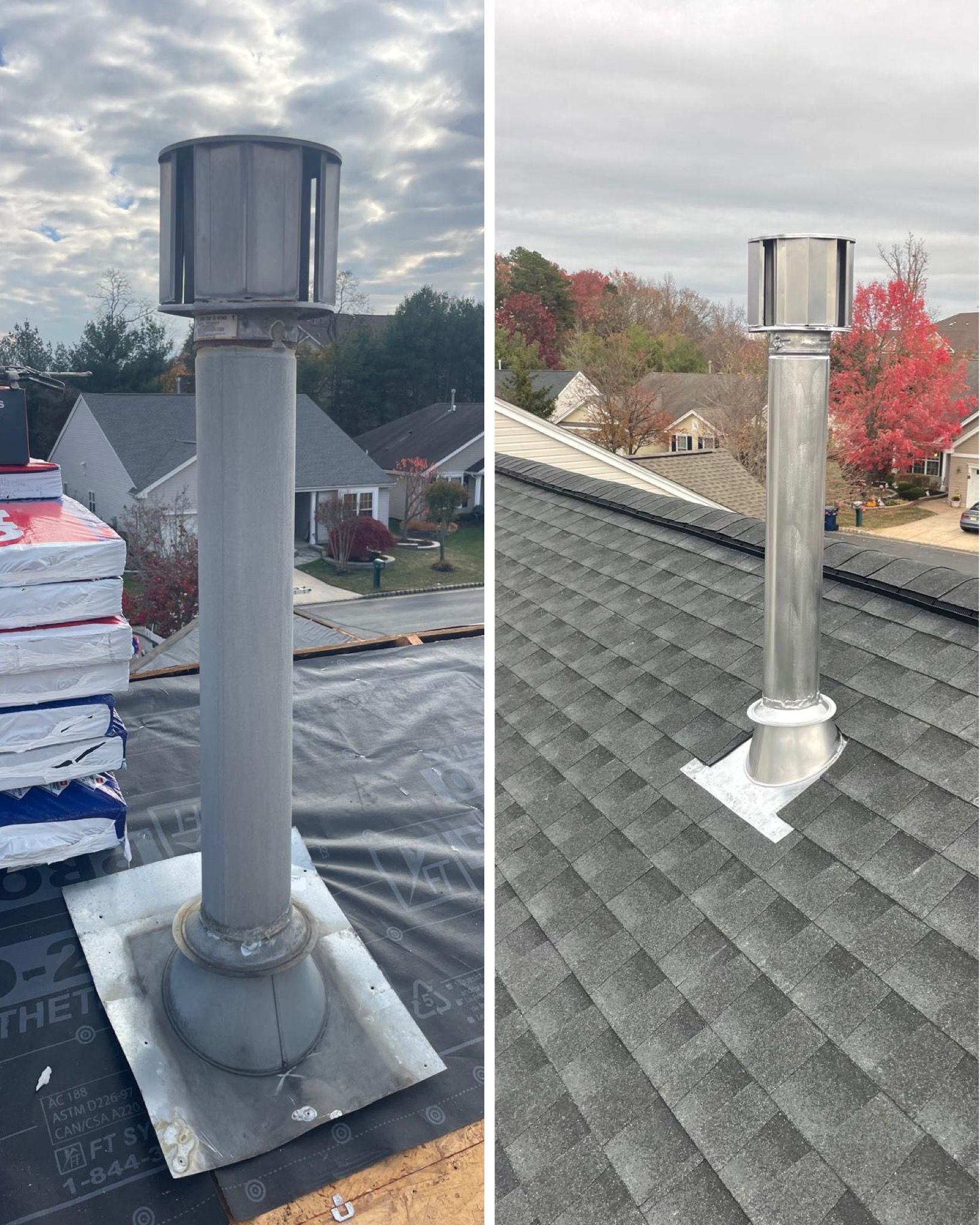 A before and after picture of a chimney on a roof.