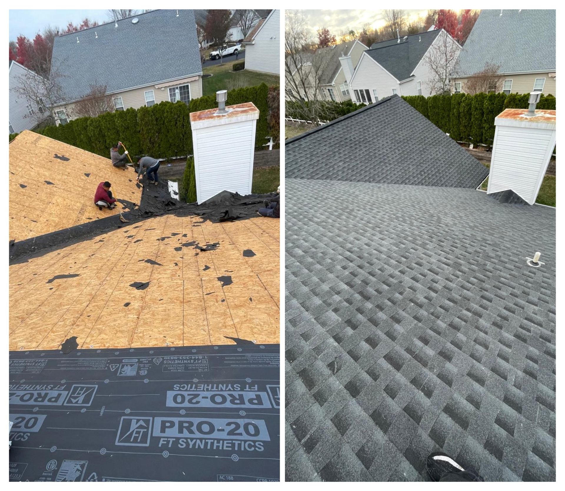 Two pictures of a roof being installed with pro-20 shingles