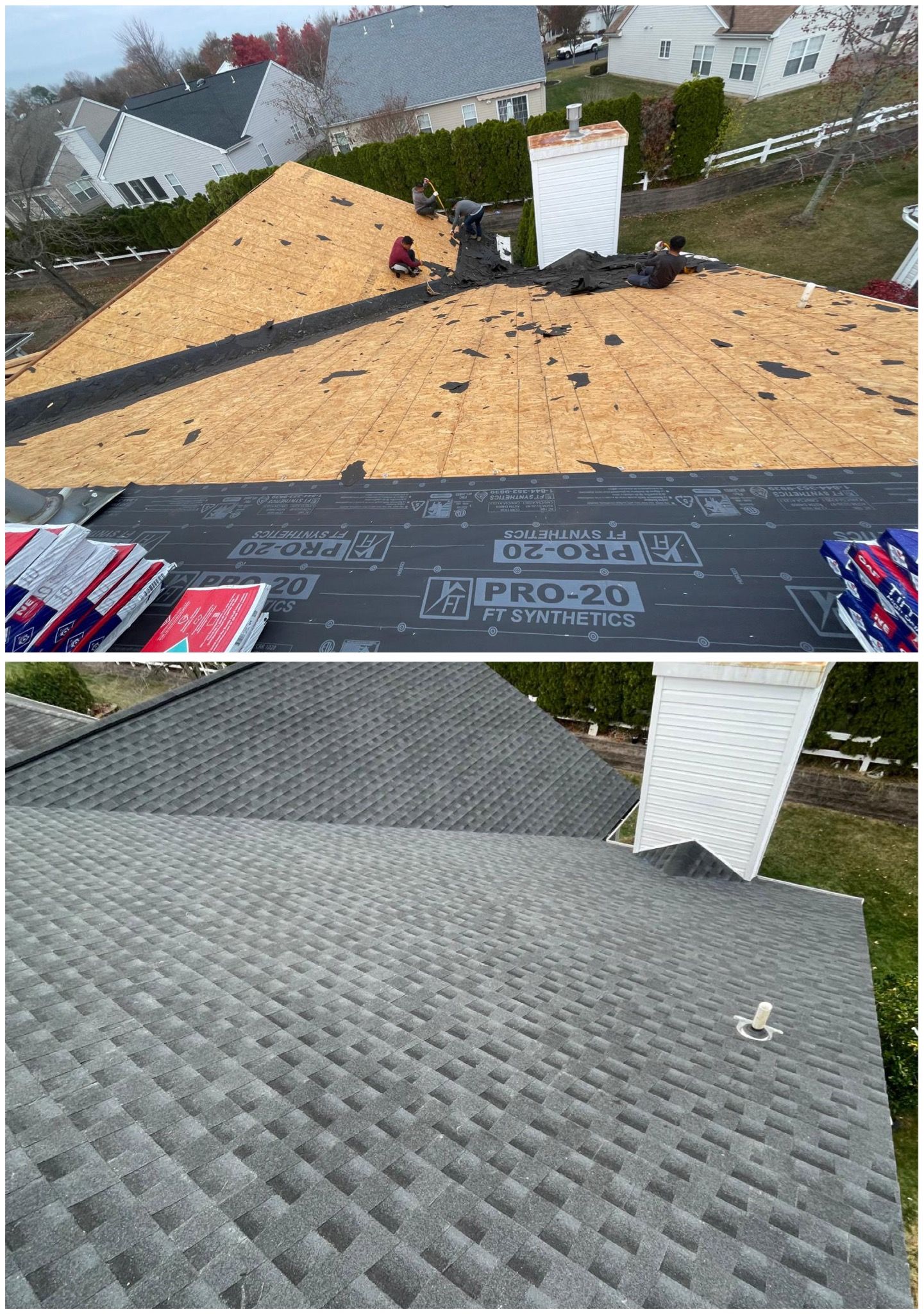 A before and after picture of a roof being installed on a house.