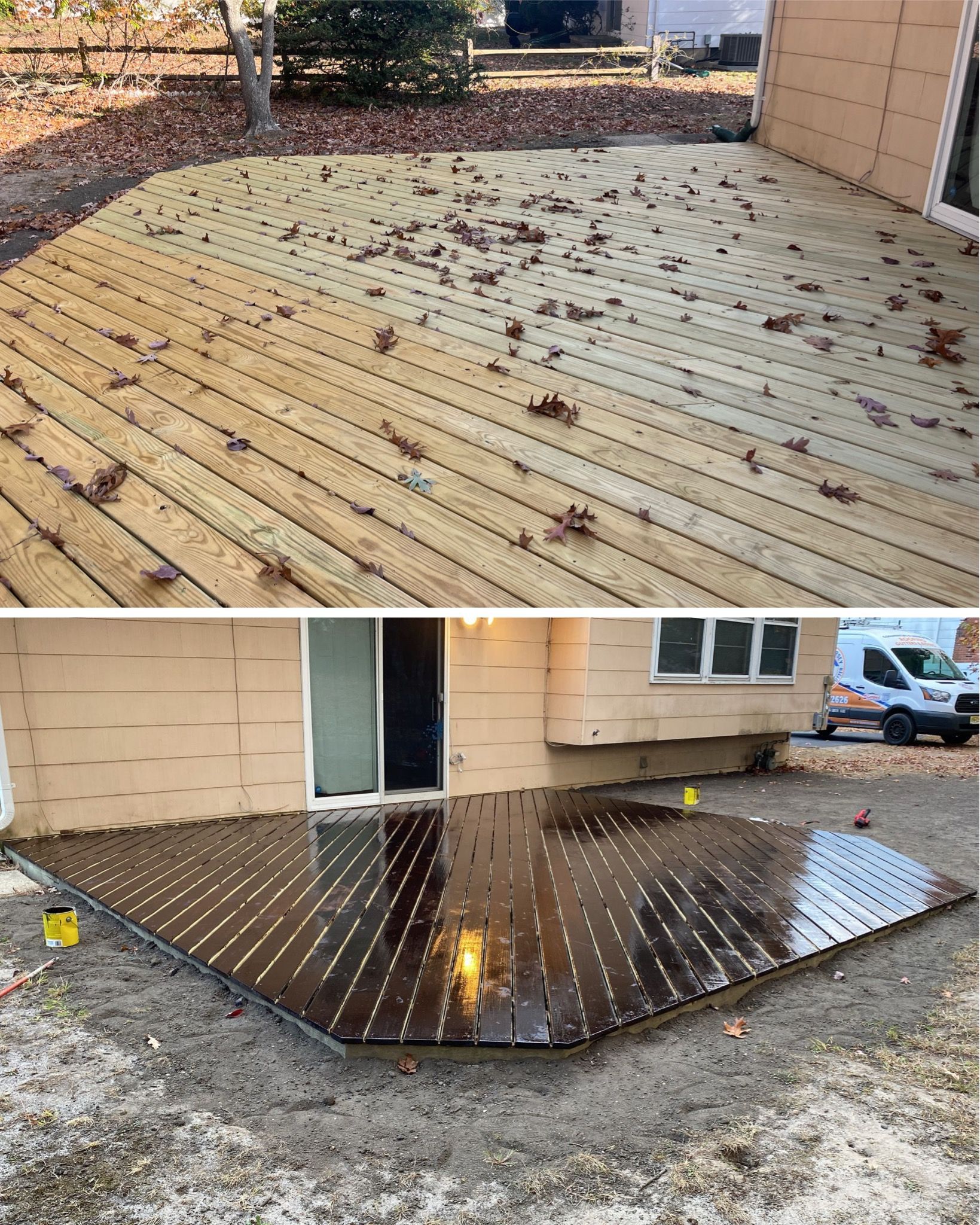 A before and after photo of a wooden deck in front of a house.