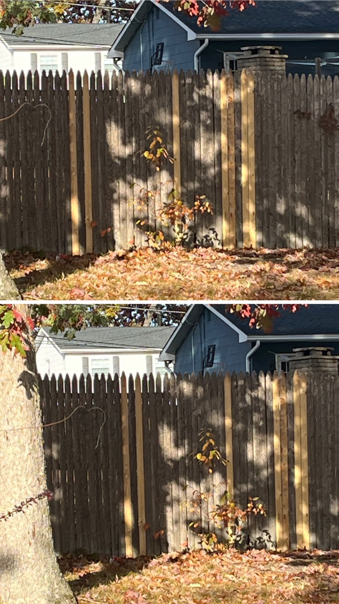 Two pictures of a wooden fence with a house in the background.