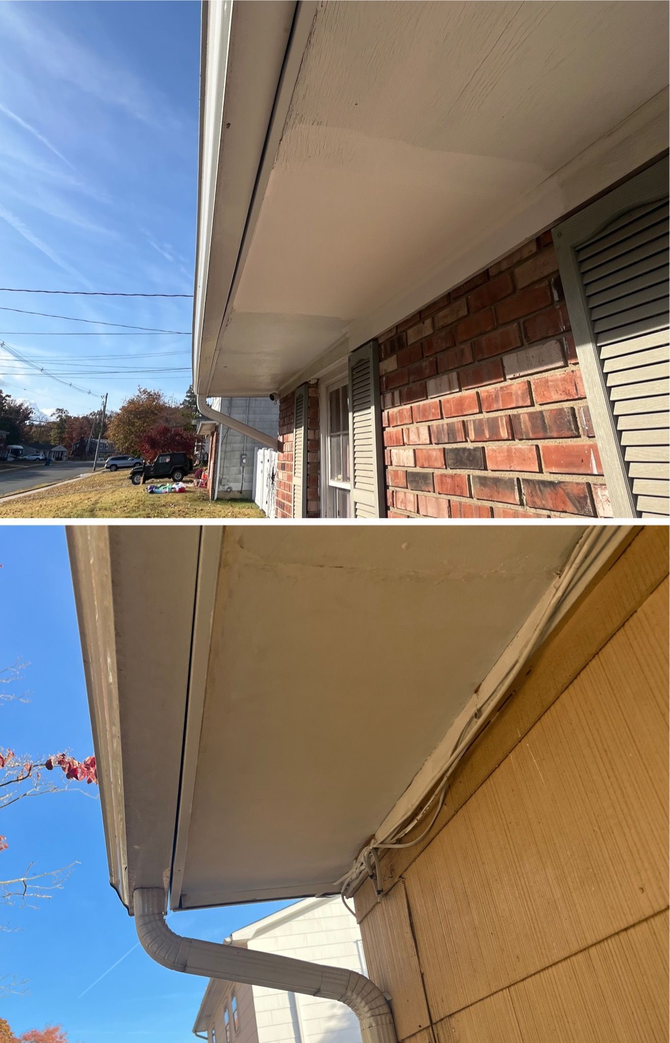 A before and after picture of a gutter on a house.