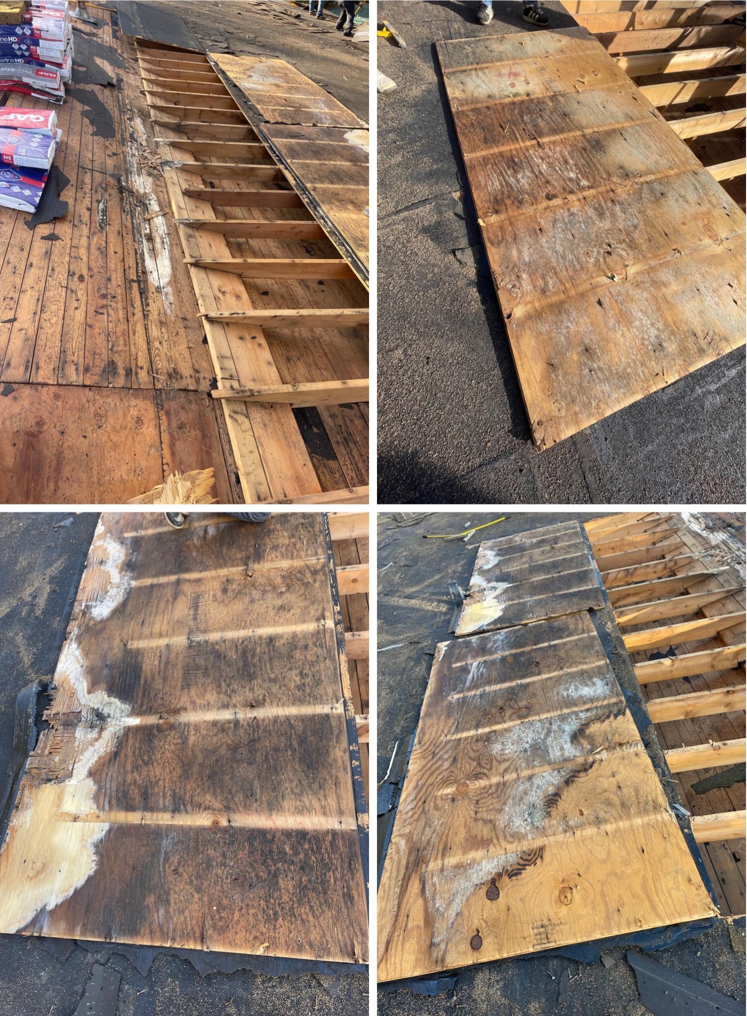 A collage of four pictures of a roof being repaired.