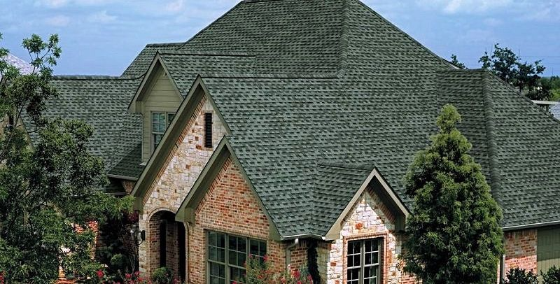 Brick house with a gray shingled roof, windows, and trees.