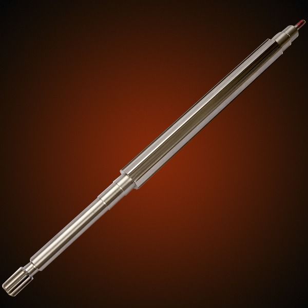 Silver metal shaft with angular design, possibly a machine component.