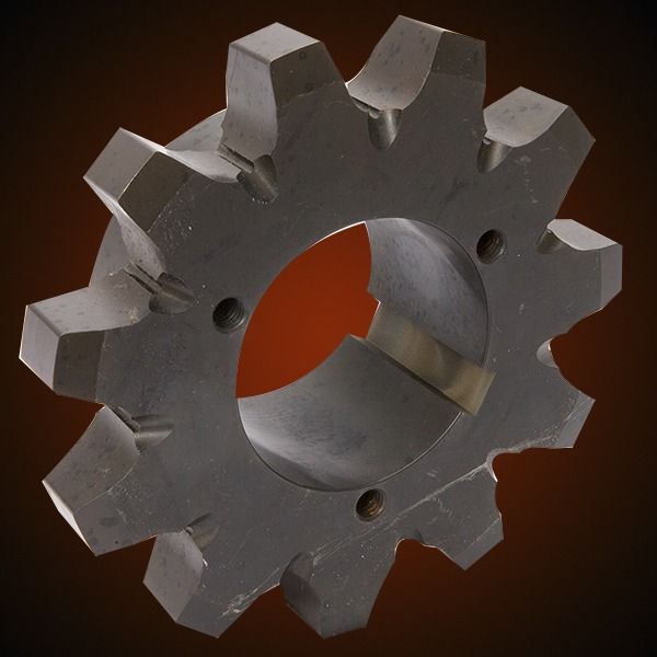 Metal gear with ten teeth, a central hole, and three smaller holes.