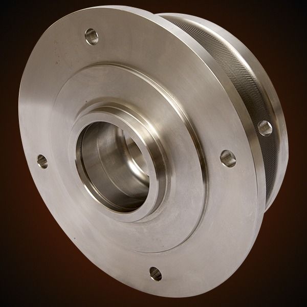 Metal pulley with central hub, flat flange, and grooved section.