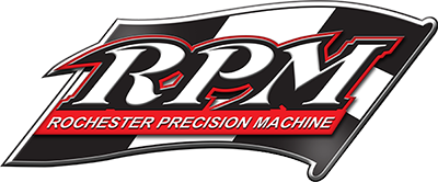 RPM Rochester Precision Machine logo on a black and white checkered flag.