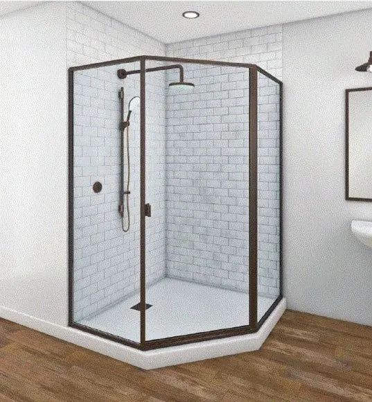 Neo-angle shower enclosure with dark bronze frame and a handheld showerhead against a white brick-style tiled wall.