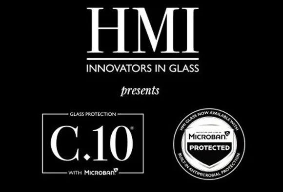 Logo for HMI Innovators in Glass promoting C.10 glass protection with Microban antimicrobial technology.