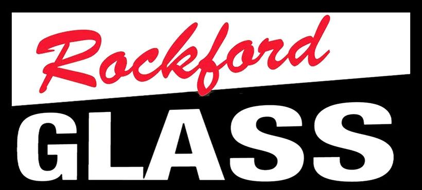 A logo with the red script text "Rockford" over the white block-letter text "GLASS" on a black background.