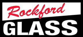 A logo with the red script text "Rockford" over the white block-letter text "GLASS" on a black background.