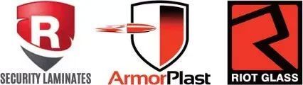 Three logos featuring shields and the text: SECURITY LAMINATES, ArmorPlast with a bullet icon, and RIOT GLASS.