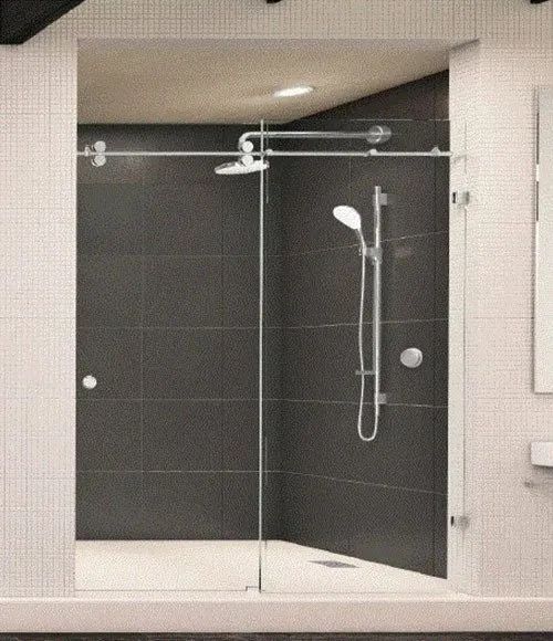A frameless glass shower door with a sliding mechanism, chrome hardware, and a rainfall and handheld shower system.