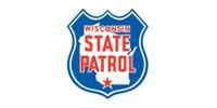 Wisconsin State Patrol logo in blue and red. Shield-shaped with state outline, star, and text: 