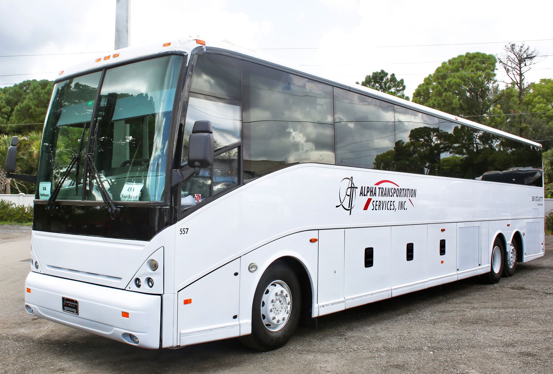 White coach bus parked outdoors on a road, with tinted windows and luggage compartments.