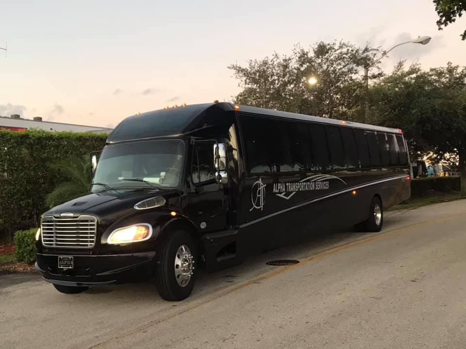 Black stretch limousine parked on a road at dusk, with trees and hedges in the background
