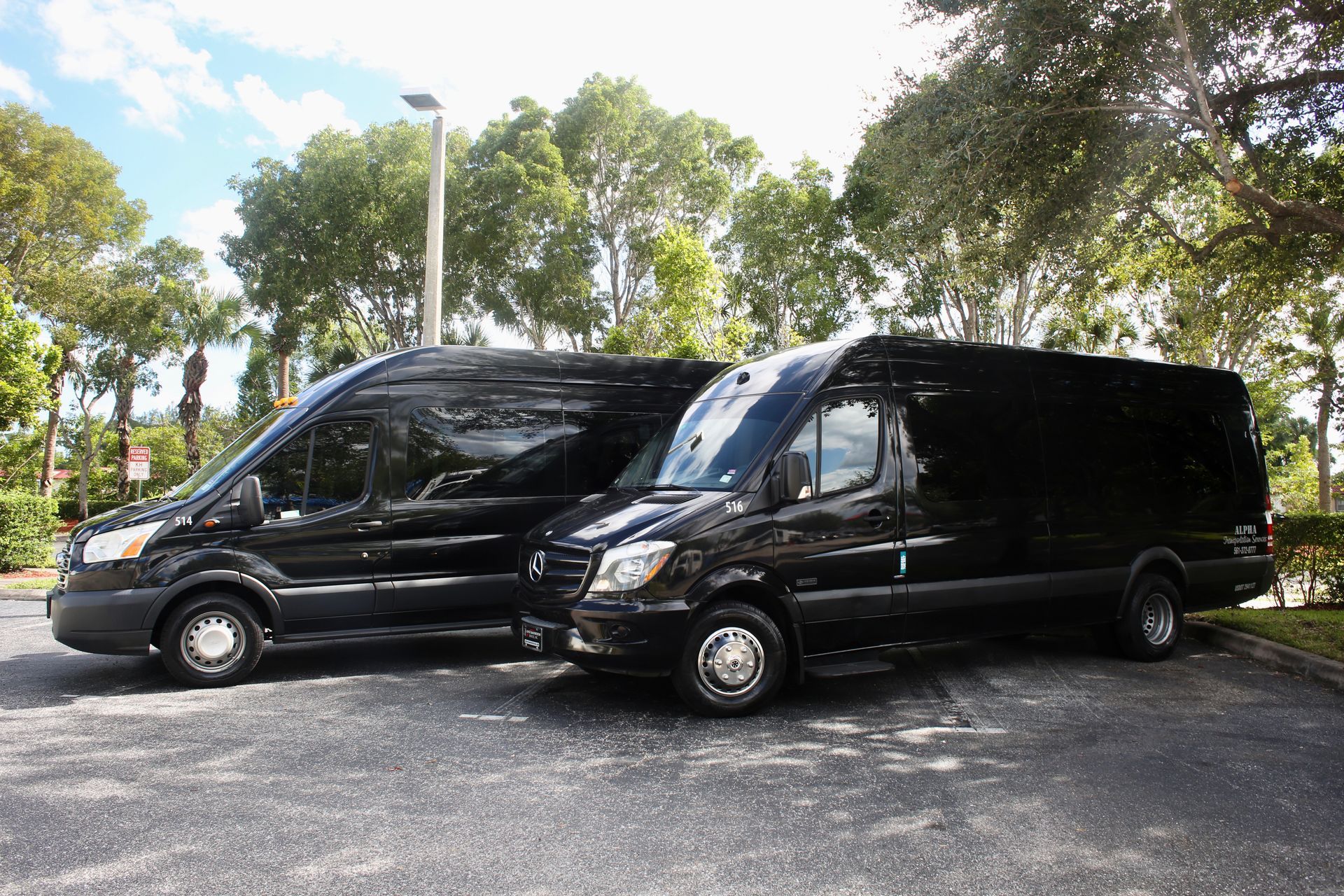 Two black vans parked side by side on a sunlit road with trees in the background