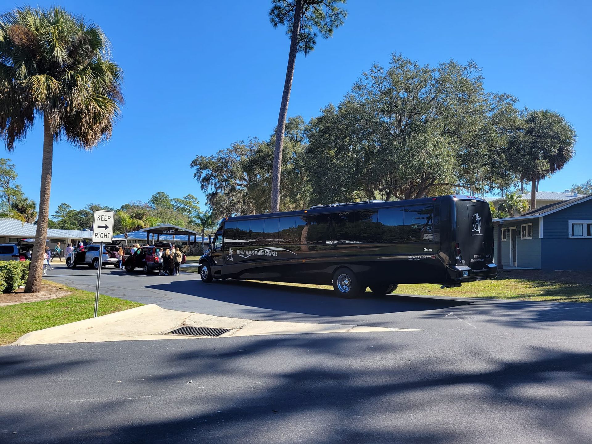 Black bus parked on a sunny residential street with palm trees and houses nearby