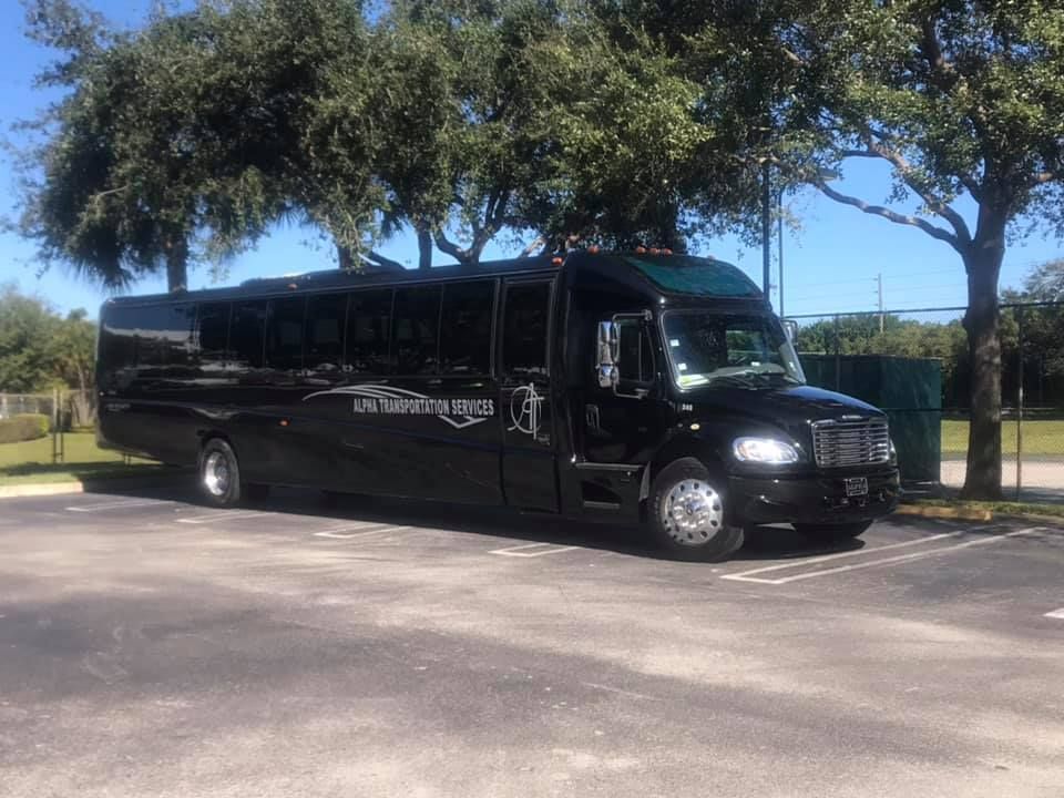 Black shuttle bus parked on a sunny street beside trees.